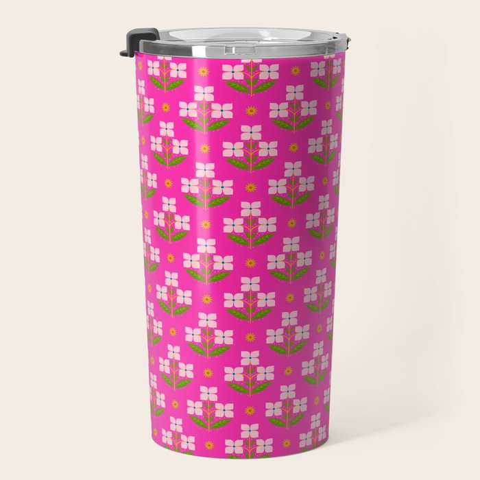Retro Pink Floral Bunches Pattern - Pink Travel Mug Gallery Image 3