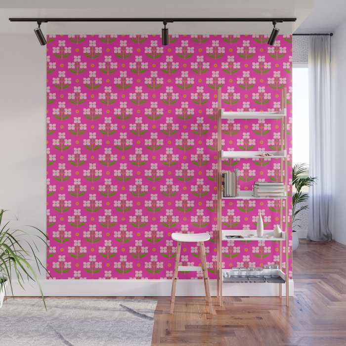 Retro Pink Floral Bunches Pattern - Pink Wall Mural Gallery Image 1