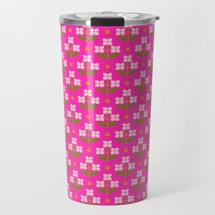Retro Pink Floral Bunches Pattern - Pink Travel Mug Gallery Image 1