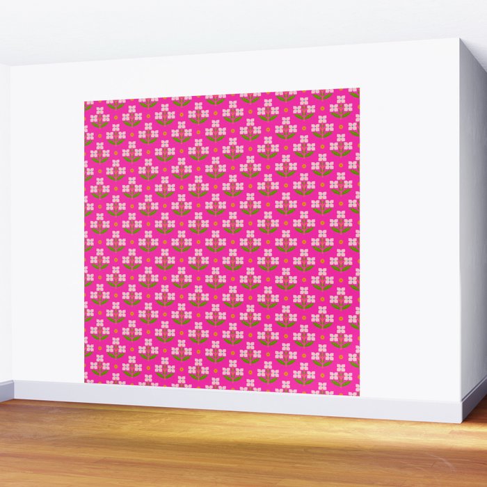 Retro Pink Floral Bunches Pattern - Pink Wall Mural Gallery Image 2