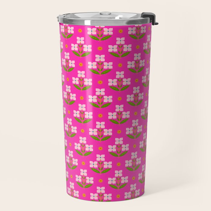 Retro Pink Floral Bunches Pattern - Pink Travel Mug Gallery Image 2