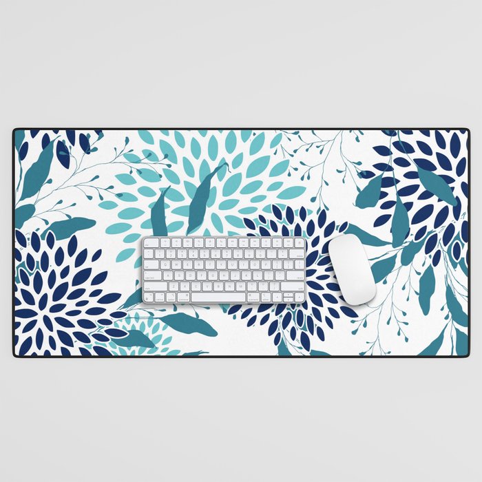 Floral Leaves and Blooms, Navy, Teal and White Desk Mat Gallery Image 1