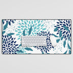 Floral Leaves and Blooms, Navy, Teal and White Desk Mat Gallery Image 1