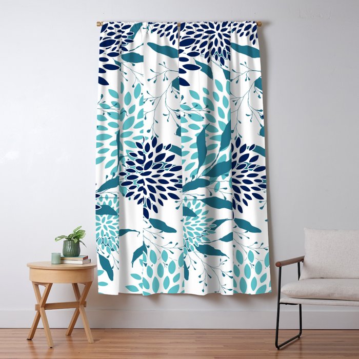 Floral Leaves and Blooms, Navy, Teal and White Window Curtain Gallery Image 1