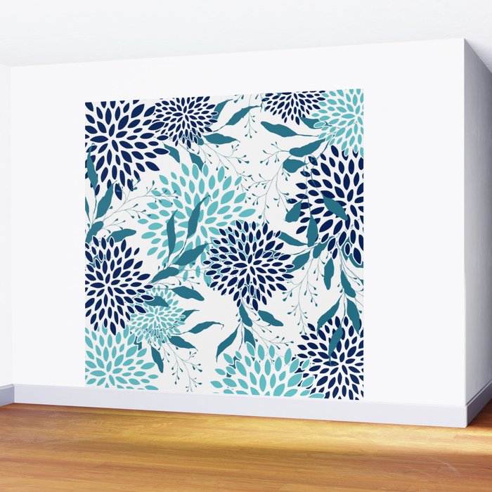 Floral Leaves and Blooms, Navy, Teal and White Wall Mural Gallery Image 2
