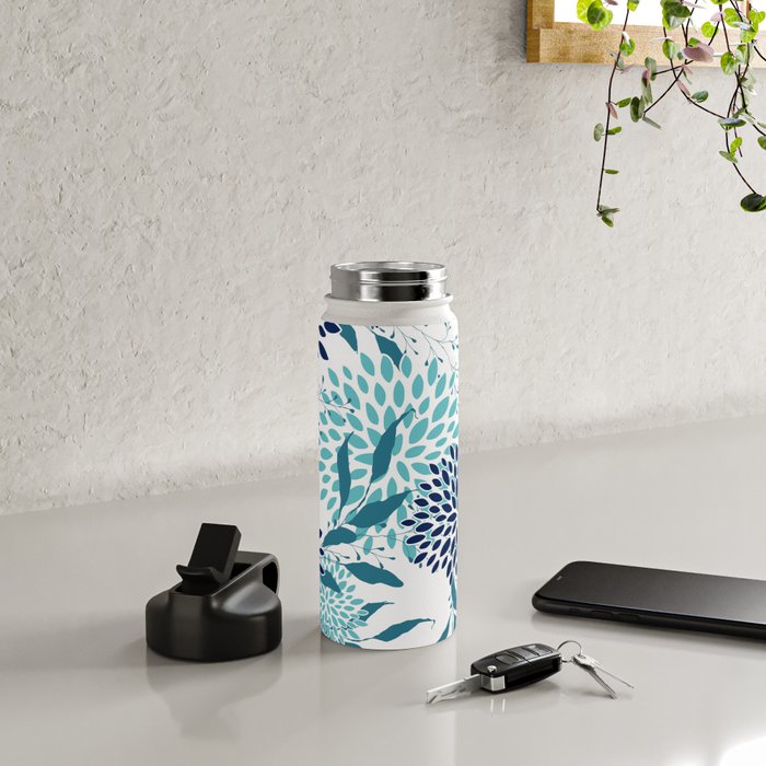 Floral Leaves and Blooms, Navy, Teal and White Water Bottle Gallery Image 4