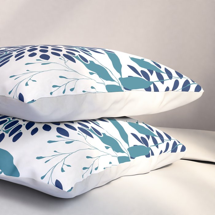 Floral Leaves and Blooms, Navy, Teal and White Pillow Sham Gallery Image 3
