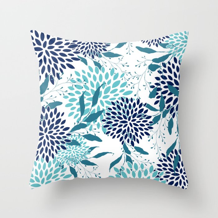 Floral Leaves and Blooms, Navy, Teal and White Throw Pillow Gallery Image 6