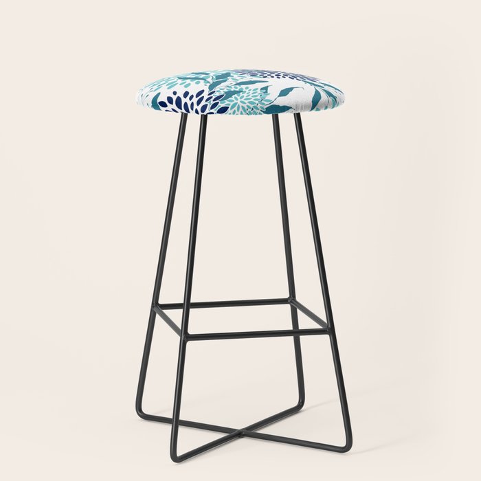 Floral Leaves and Blooms, Navy, Teal and White Stool Gallery Image 1