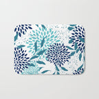 Floral Leaves and Blooms, Navy, Teal and White Bath Mat Gallery Image 1