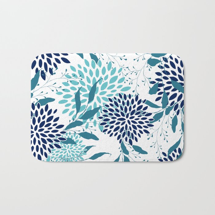 Floral Leaves and Blooms, Navy, Teal and White Bath Mat Gallery Image 1