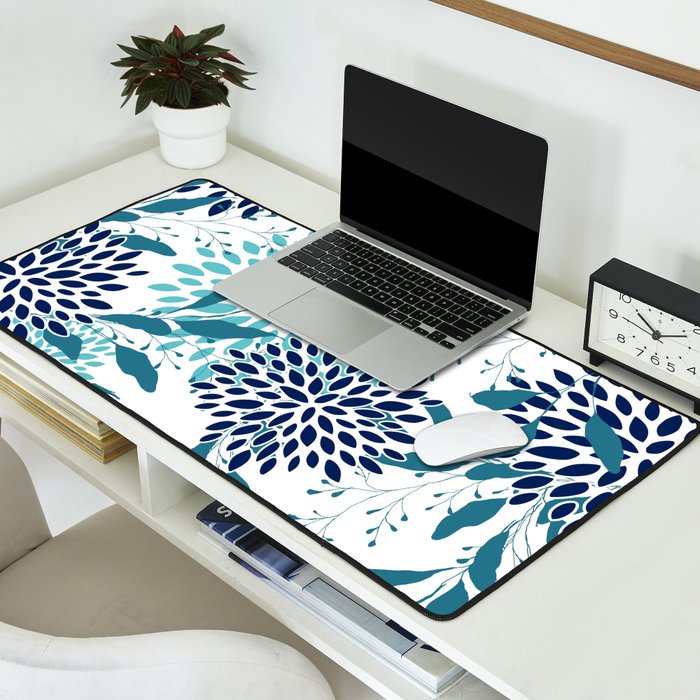 Floral Leaves and Blooms, Navy, Teal and White Desk Mat Gallery Image 2