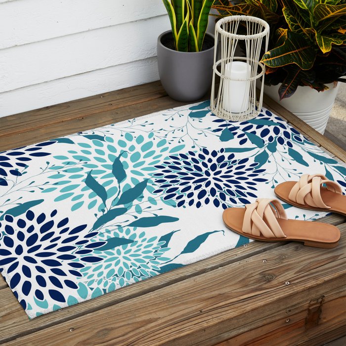 Floral Leaves and Blooms, Navy, Teal and White Outdoor Rug Gallery Image 2
