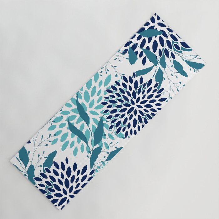 Floral Leaves and Blooms, Navy, Teal and White Yoga Mat Gallery Image 1