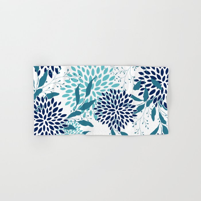 Floral Leaves and Blooms, Navy, Teal and White Bath Towel Gallery Image 1
