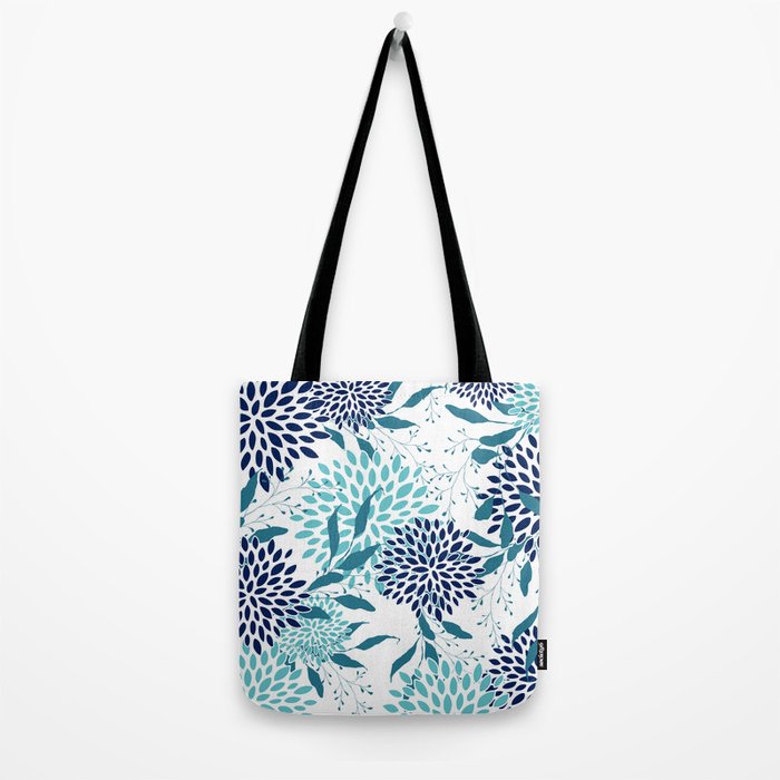 Floral Leaves and Blooms, Navy, Teal and White Tote Bag Gallery Image 2