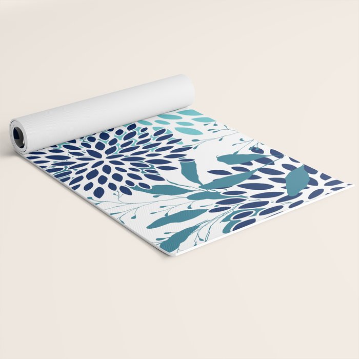 Floral Leaves and Blooms, Navy, Teal and White Yoga Mat Gallery Image 2