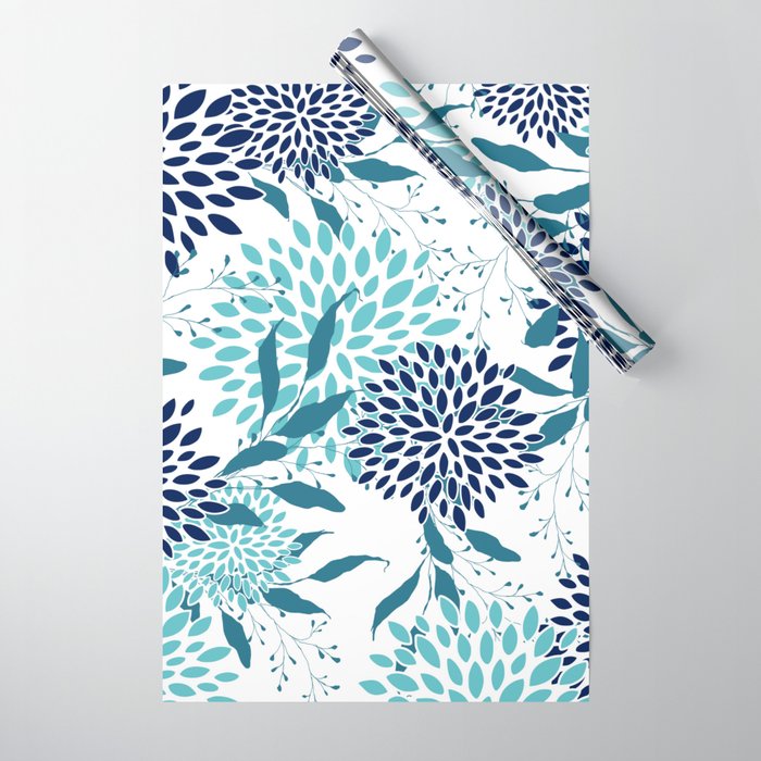 Floral Leaves and Blooms, Navy, Teal and White Wrapping Paper Gallery Image 1