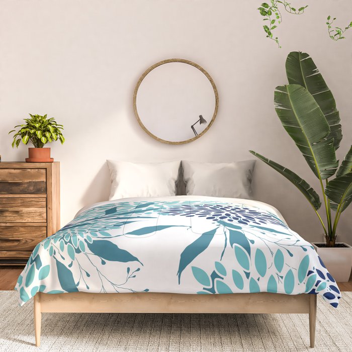 Floral Leaves and Blooms, Navy, Teal and White Comforter Gallery Image 3