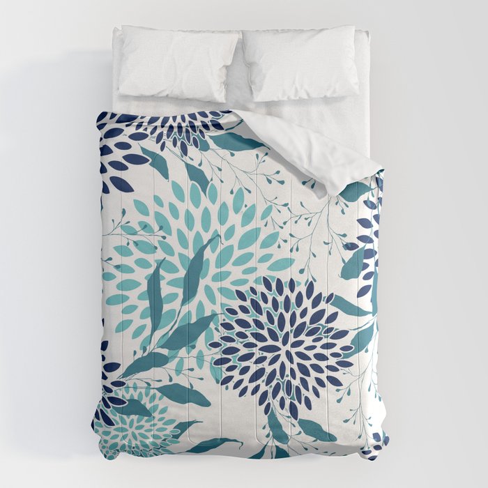 Floral Leaves and Blooms, Navy, Teal and White Comforter Gallery Image 6