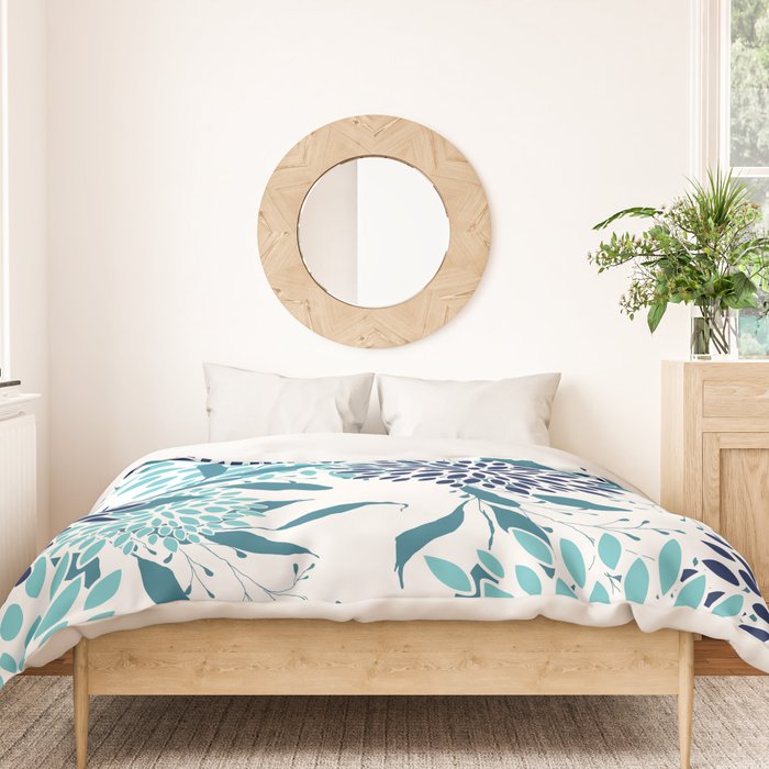 Floral Leaves and Blooms, Navy, Teal and White Duvet Cover Gallery Image 3