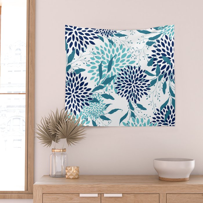 Floral Leaves and Blooms, Navy, Teal and White Wall Tapestry Gallery Image 2
