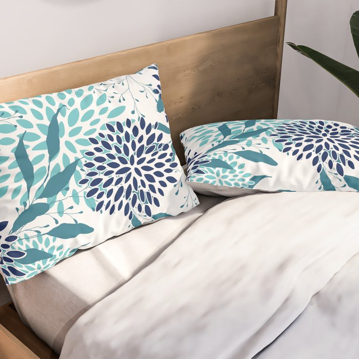 Floral Leaves and Blooms, Navy, Teal and White Pillow Sham Gallery Image 2