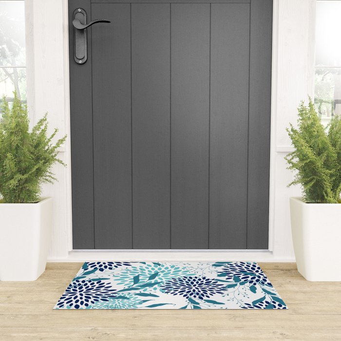 Floral Leaves and Blooms, Navy, Teal and White Welcome Mat Gallery Image 3
