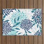 Floral Leaves and Blooms, Navy, Teal and White Outdoor Rug Gallery Image 1