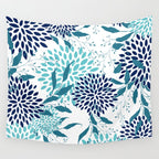 Floral Leaves and Blooms, Navy, Teal and White Wall Tapestry Gallery Image 4