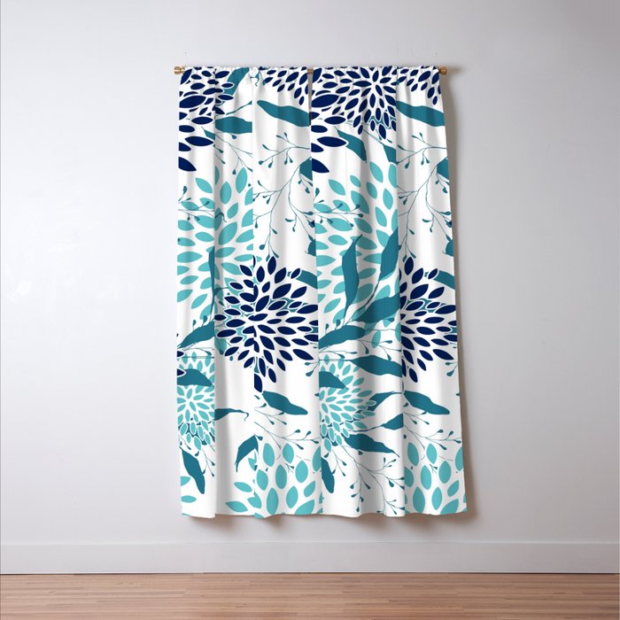 Floral Leaves and Blooms, Navy, Teal and White Window Curtain Gallery Image 3