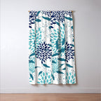 Floral Leaves and Blooms, Navy, Teal and White Window Curtain Gallery Image 3