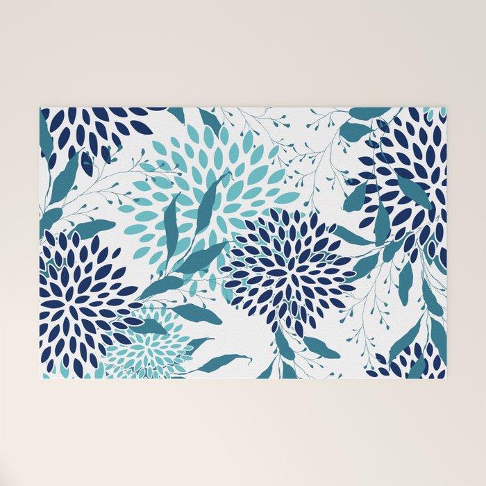 Floral Leaves and Blooms, Navy, Teal and White Welcome Mat Gallery Image 1