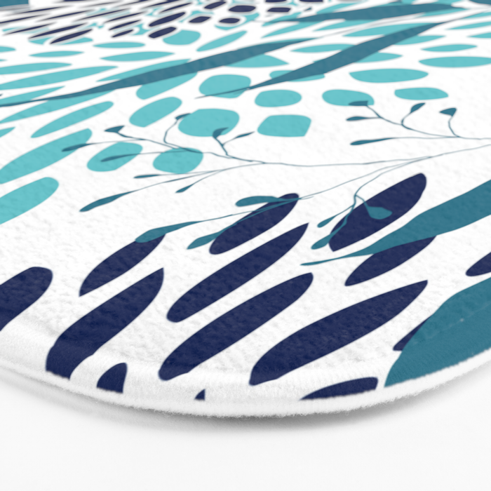 Floral Leaves and Blooms, Navy, Teal and White Bath Mat Gallery Image 3