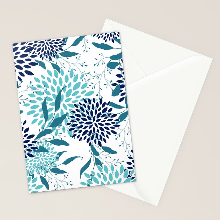 Floral Leaves and Blooms, Navy, Teal and White Stationery Card Gallery Image 2