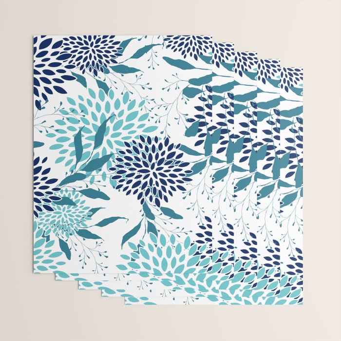 Floral Leaves and Blooms, Navy, Teal and White Wrapping Paper Gallery Image 3