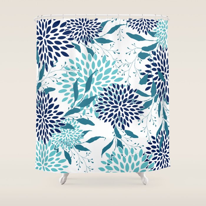 Floral Leaves and Blooms, Navy, Teal and White Shower Curtain Gallery Image 1