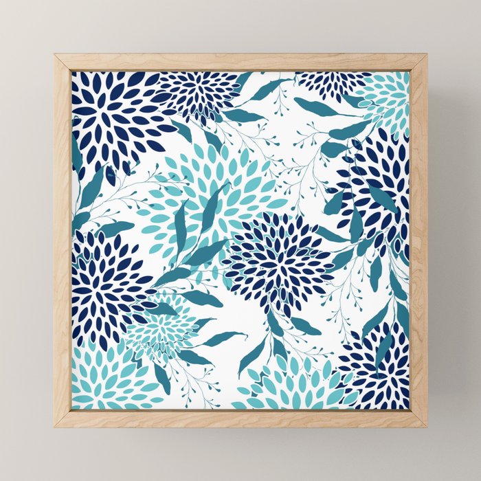 Floral Leaves and Blooms, Navy, Teal and White Mini Art Print Gallery Image 1