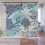 Floral Leaves and Blooms, Navy, Teal and White Wall Mural Gallery Image 1