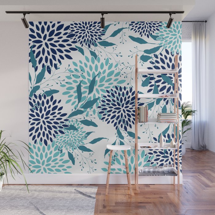 Floral Leaves and Blooms, Navy, Teal and White Wall Mural Gallery Image 1