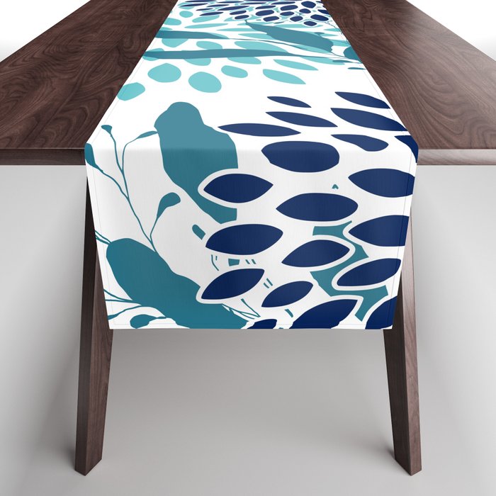 Floral Leaves and Blooms, Navy, Teal and White Table Runner Gallery Image 1