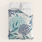 Floral Leaves and Blooms, Navy, Teal and White Duvet Cover Gallery Image 6