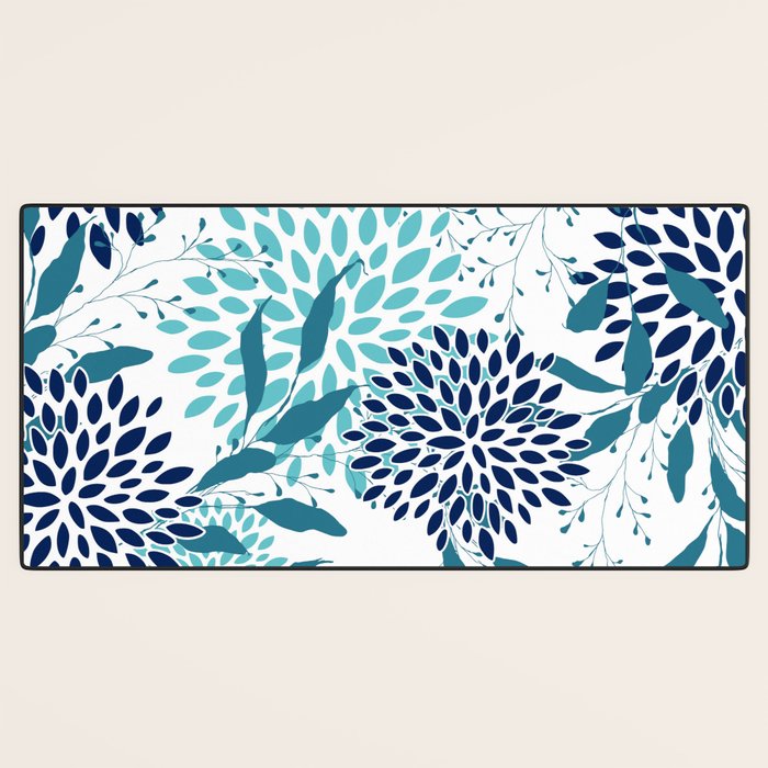 Floral Leaves and Blooms, Navy, Teal and White Desk Mat Gallery Image 3