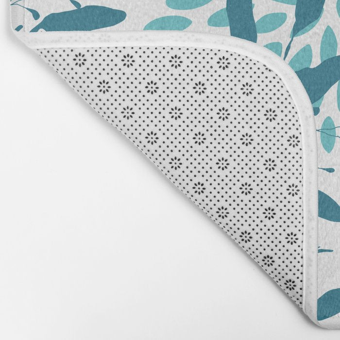 Floral Leaves and Blooms, Navy, Teal and White Bath Mat Gallery Image 2