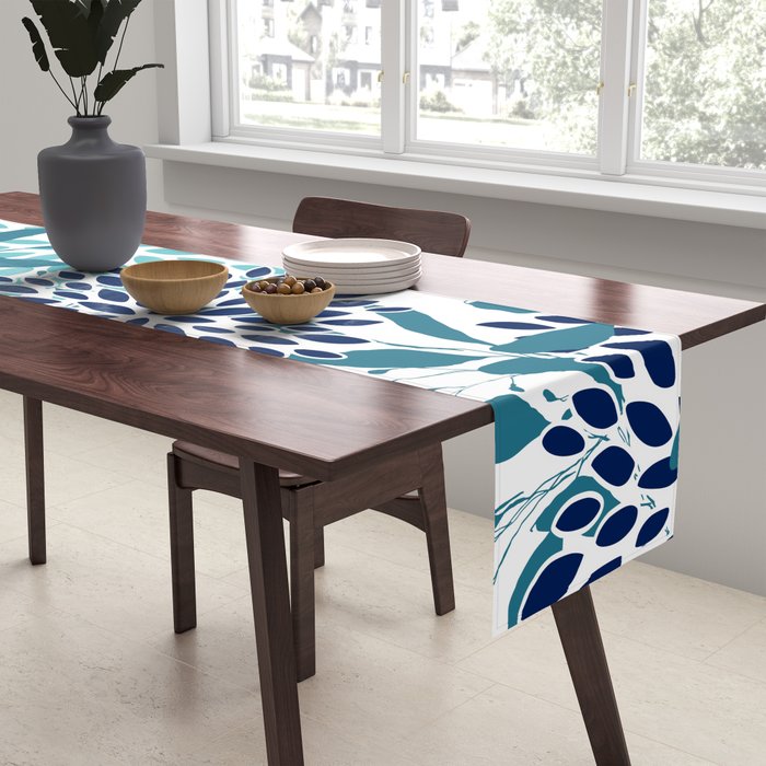 Floral Leaves and Blooms, Navy, Teal and White Table Runner Gallery Image 2