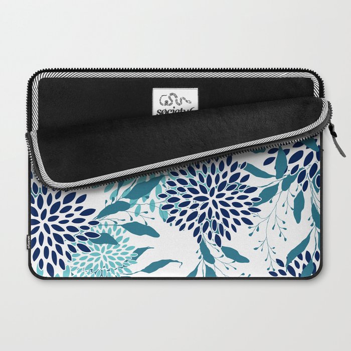 Floral Leaves and Blooms, Navy, Teal and White Laptop Sleeve Gallery Image 2