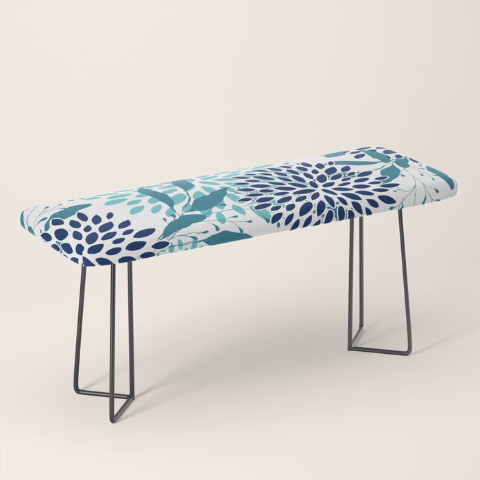 Floral Leaves and Blooms, Navy, Teal and White Bench Gallery Image 1