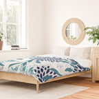 Floral Leaves and Blooms, Navy, Teal and White Duvet Cover Gallery Image 2