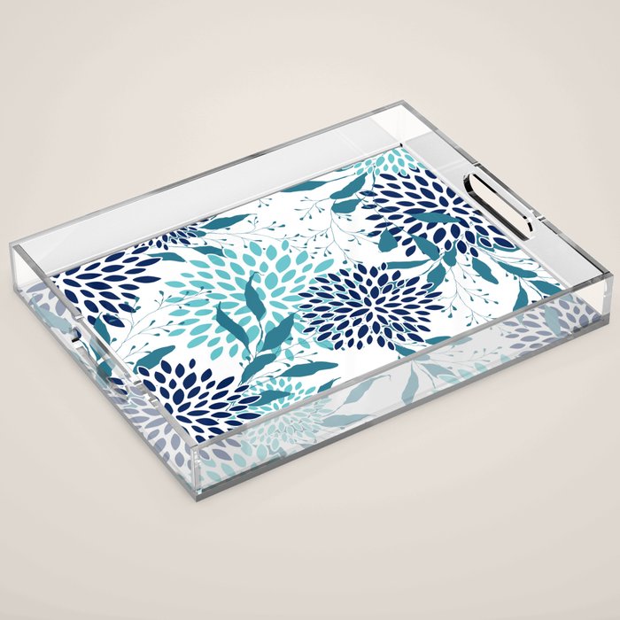 Floral Leaves and Blooms, Navy, Teal and White Acrylic Tray Gallery Image 1