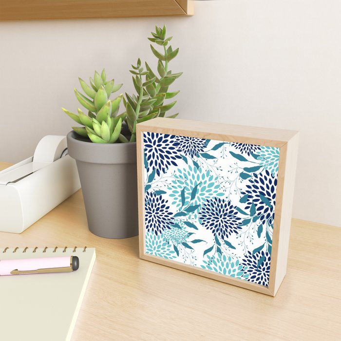 Floral Leaves and Blooms, Navy, Teal and White Mini Art Print Gallery Image 2